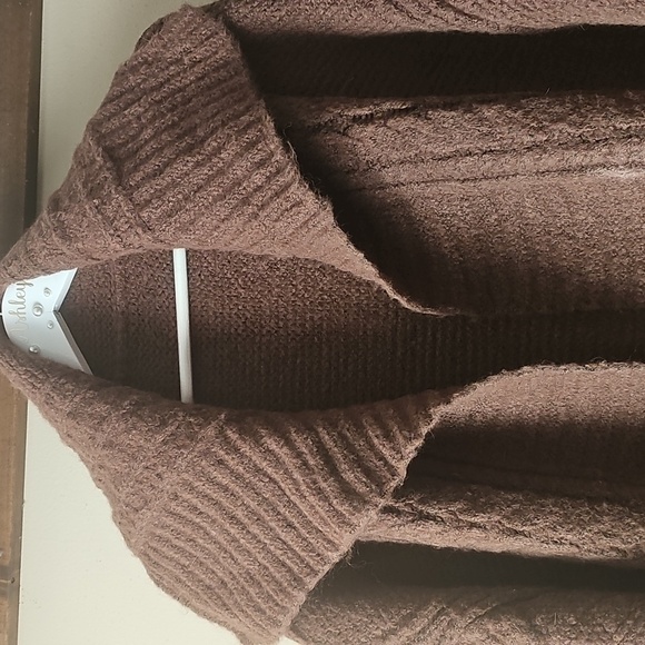 171.  OVERSIZED MAXI Brown Cardigan Chunky Long Cable Rib tweed Fuzzy sweater - Picture 8 of 9